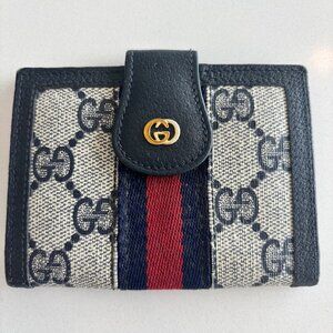 GUCCI Sherry GG Supreme Leather Bi-fold Compact Wallet Vintage Navy Blue